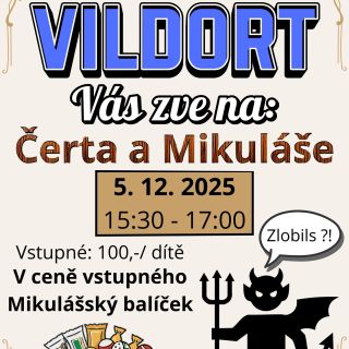 V Pátek 5. 12. 2025 od 15:30 do 17:00 Čerti a Mikuláš ve @vildort1 Vstupné 100,-/dítě. V ceně vstupného balíček. #certi...
